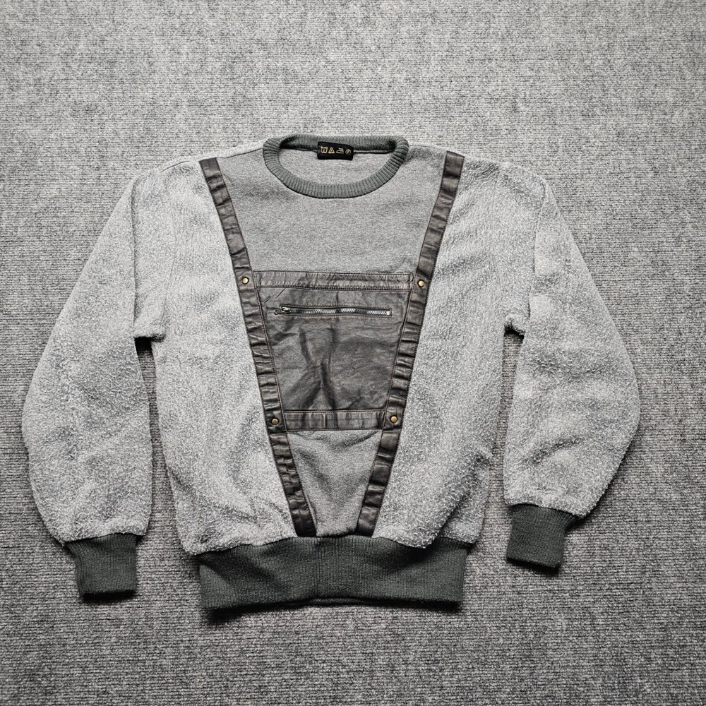 Vintage Chiu Hsing Leather Knit Mixed Media Sweatshirt Gray Sample Sz M L